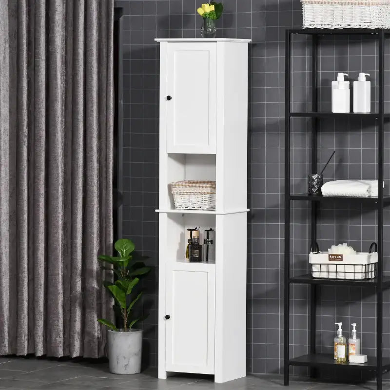 White bathroom storage cabinet.