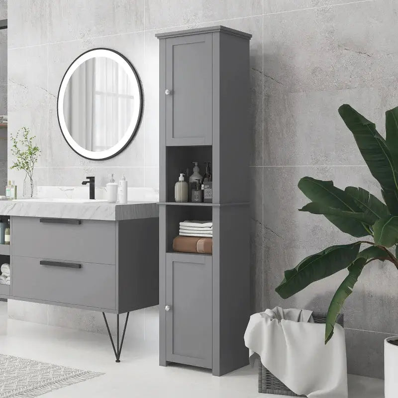 Gray bathroom storage cabinet.