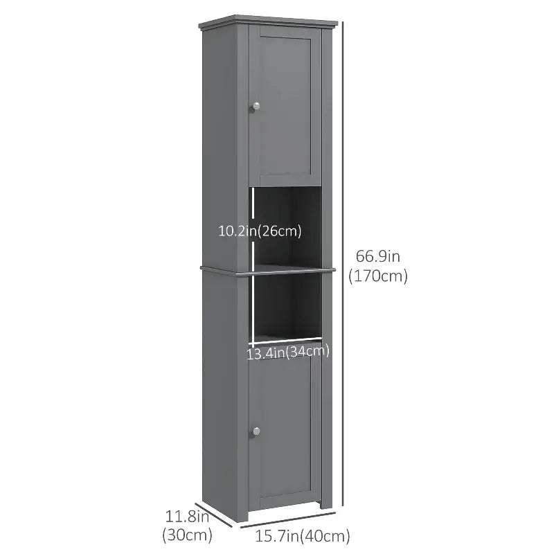 Gray bathroom storage cabinet with dimensions.