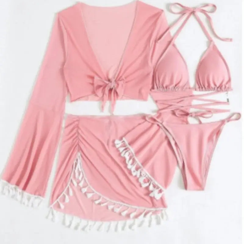 Pink swimsuit with cover-up and skirt.