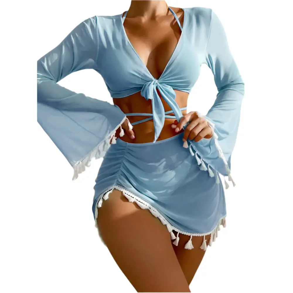 Light blue tassel-trimmed swimsuit cover-up.