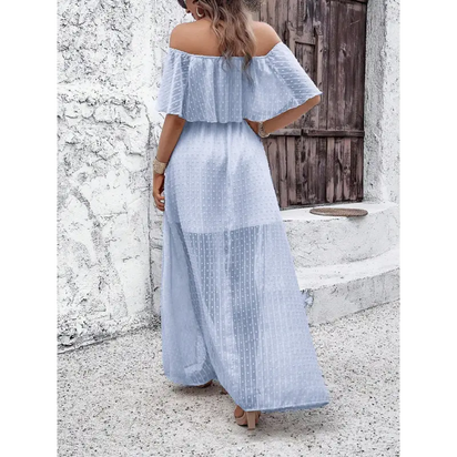 Light blue off-the-shoulder maxi dress.