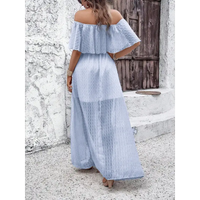 Light blue off-the-shoulder maxi dress.
