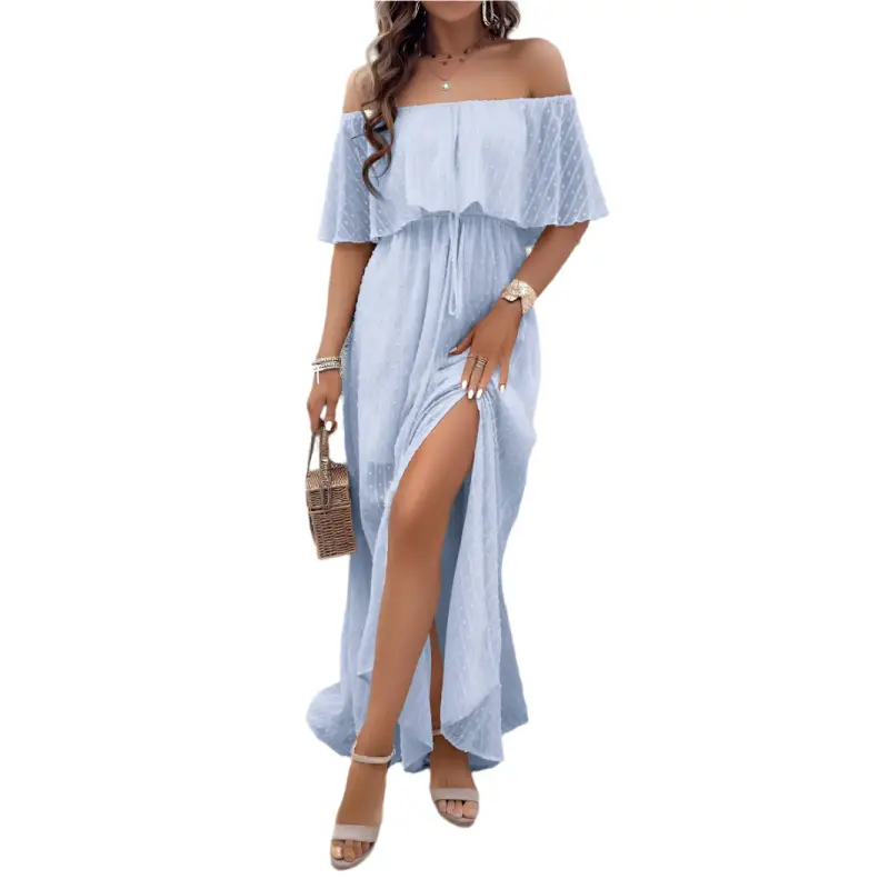 Light blue off-the-shoulder maxi dress.
