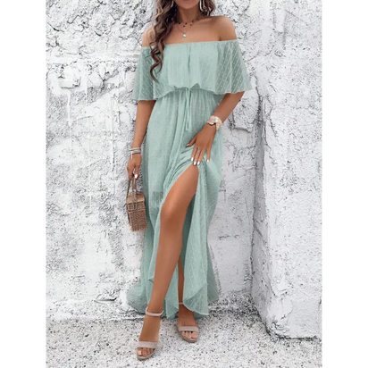Mint green off-the-shoulder maxi dress.