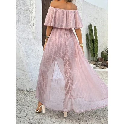 Off-the-shoulder pink chiffon dress.