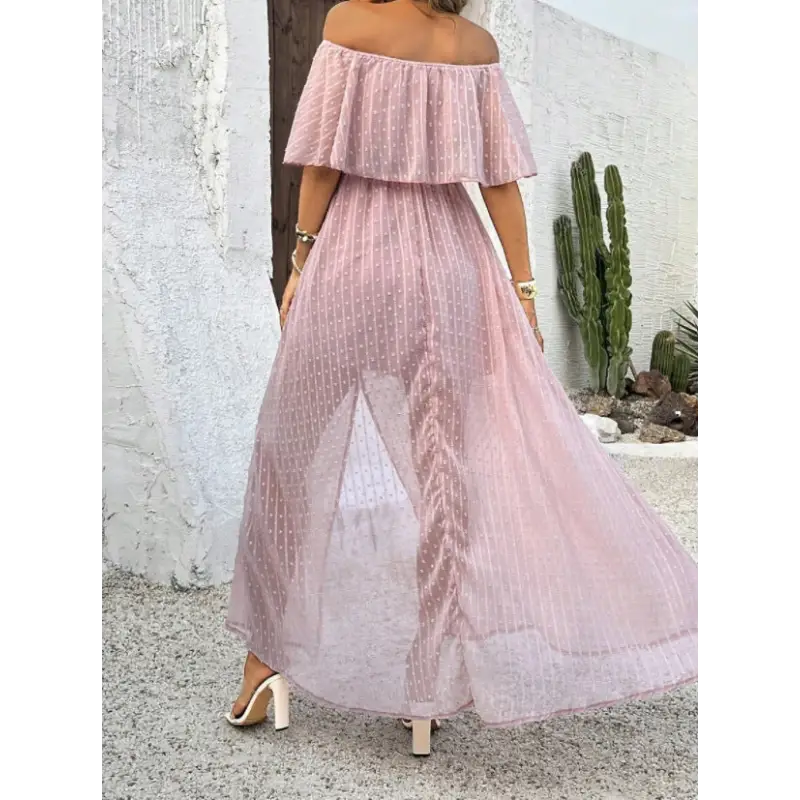 Off-the-shoulder pink chiffon dress.