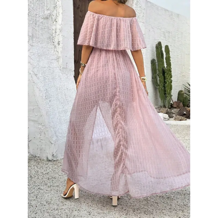 Off-the-shoulder pink chiffon dress.