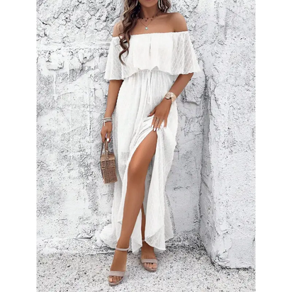 White off-the-shoulder maxi dress.