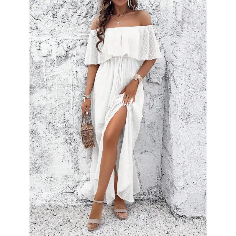 White off-the-shoulder maxi dress.