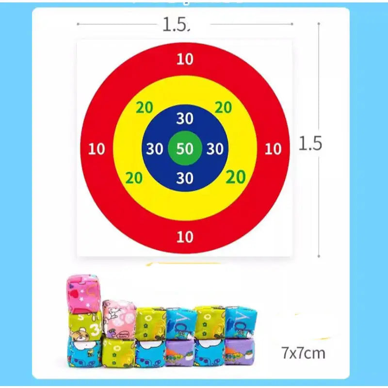 Target game with colorful beanbag cubes for team building sandbag throwing activities