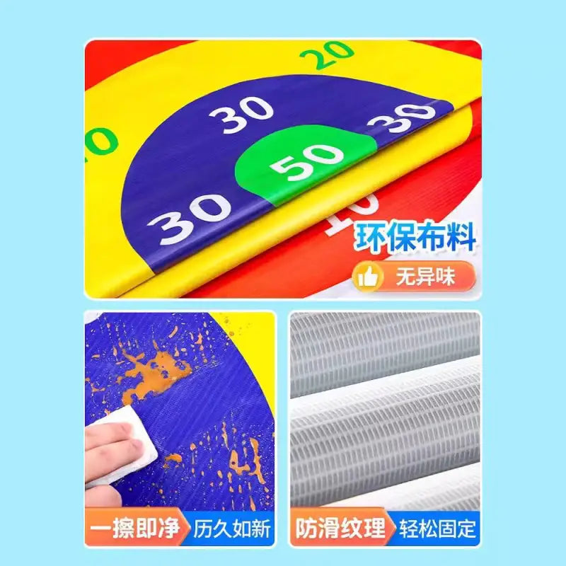 Colorful dartboard mat with cleaning and grip features for building sandbag and sandbag throwing team activities