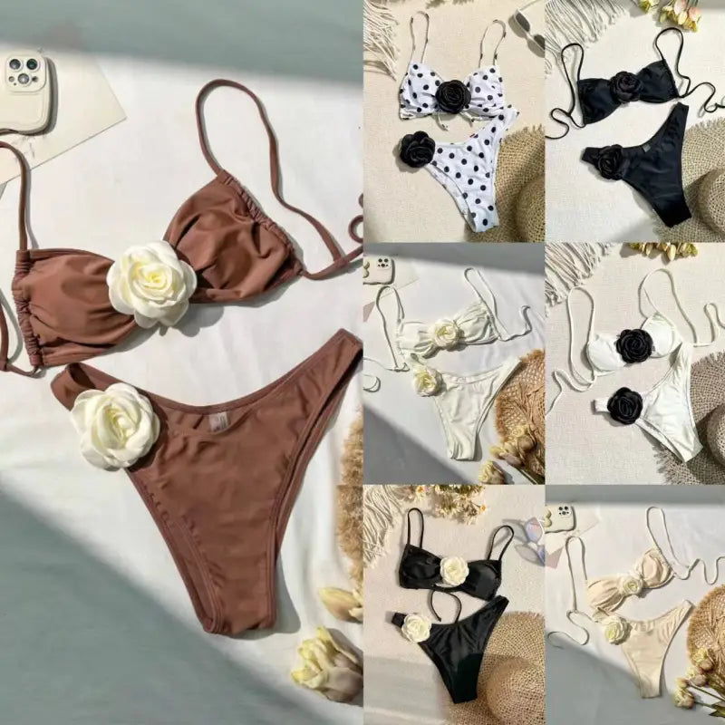 Swimsuit with floral embellishments.