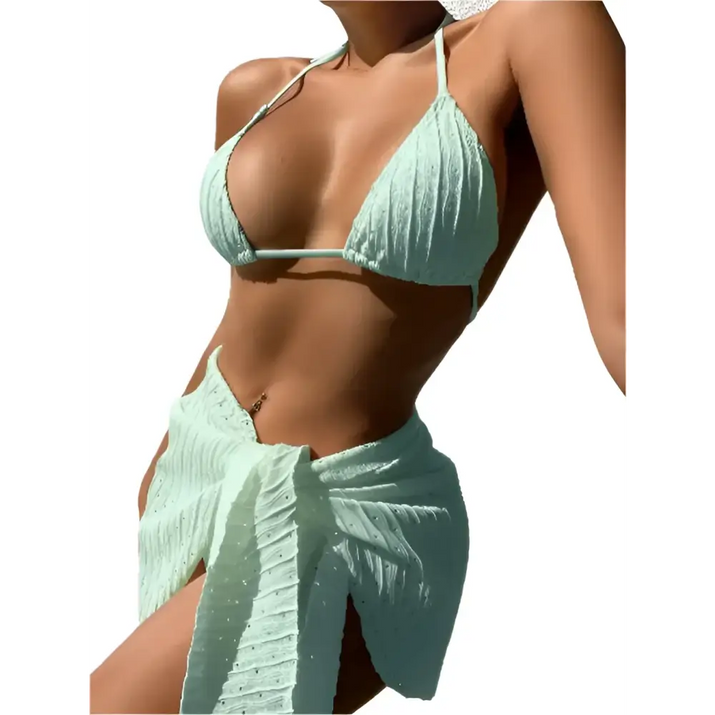Light green textured bikini and sarong set.