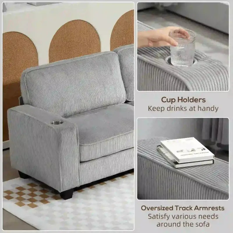 Gray corduroy three seater sofa with cup holders for comfortable lounging