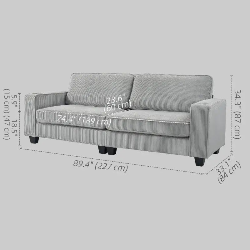 Gray corduroy three seater sofa with dimensions showcasing a stylish seater sofa for living room