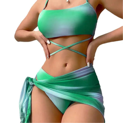 Green and blue tie-dye bikini with wrap-around straps.