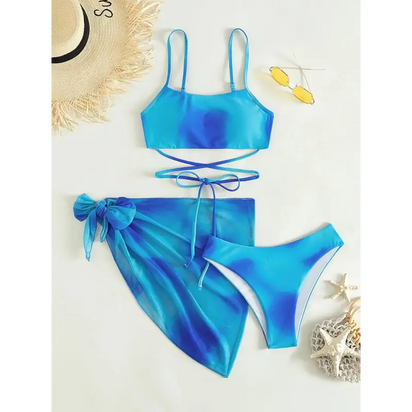 Blue tie-dye bikini set with sarong.