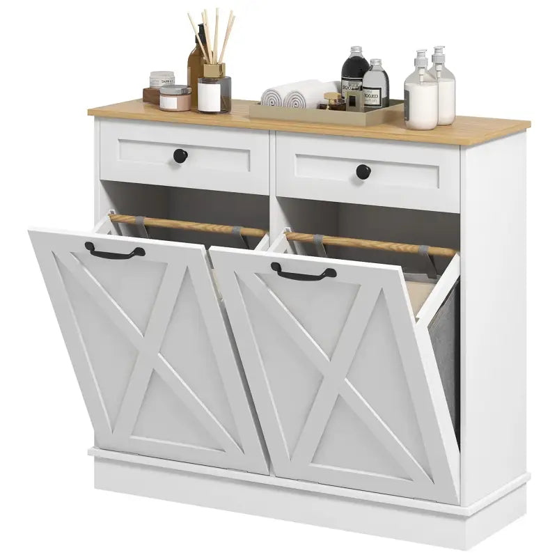 White laundry hamper cabinet with drawers.