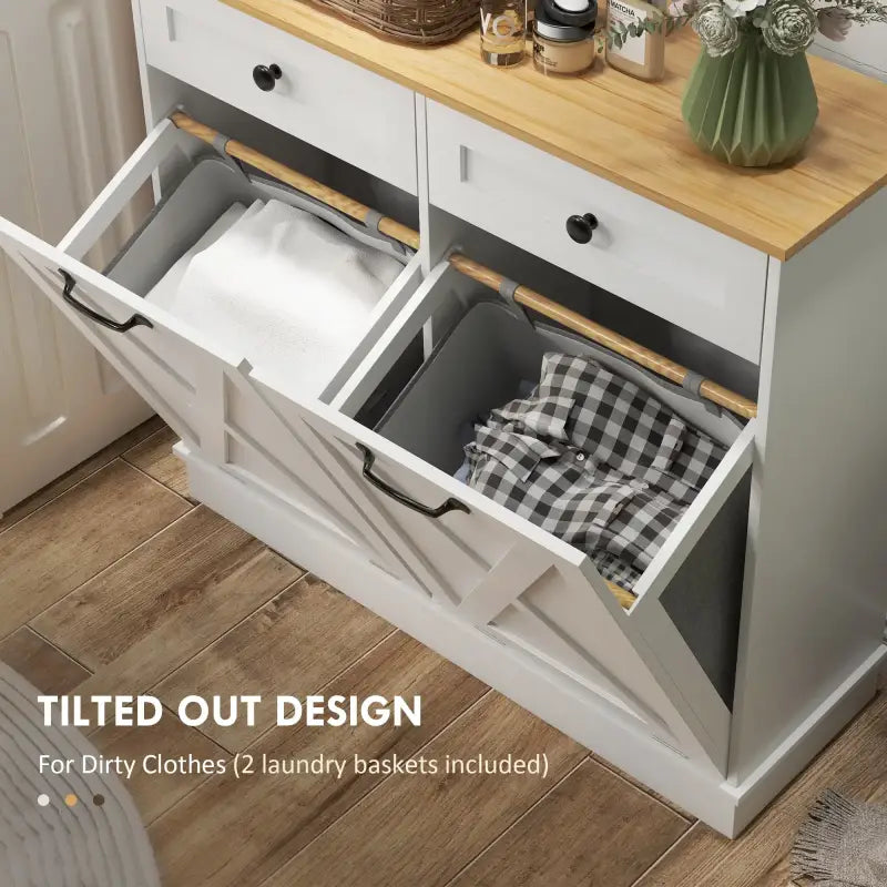 White laundry hamper cabinet.