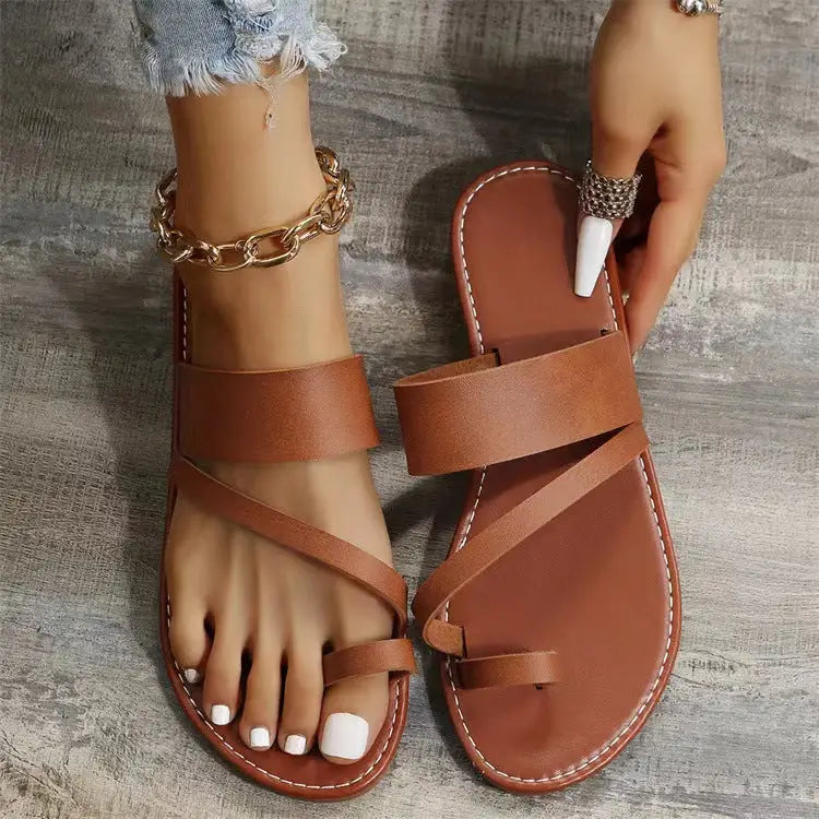 Brown leather Toe Ring Flat Sandals perfect for summer wardrobe and ring flat sandals style