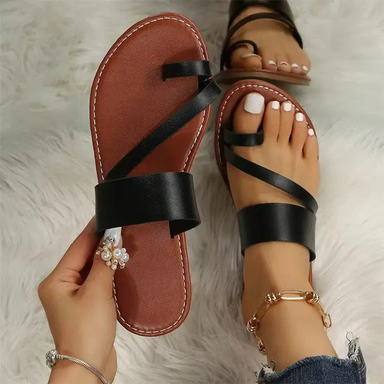 Brown and black toe ring flat sandals, perfect for your summer wardrobe with ring flat sandals style