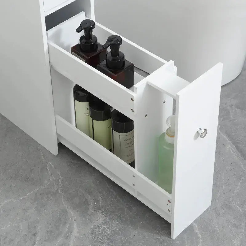White bathroom storage cabinet with two shelves.