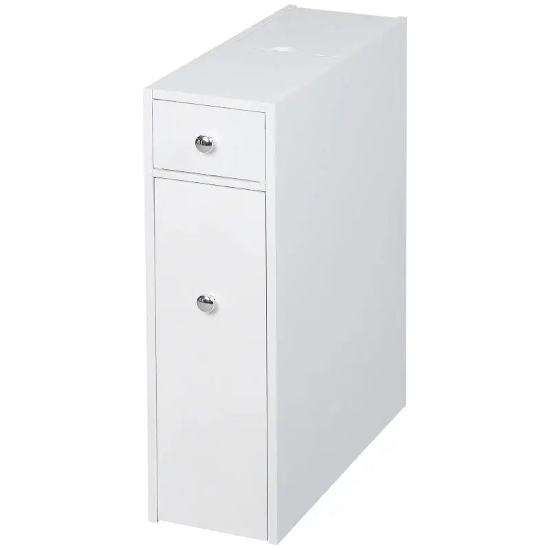 White storage cabinet with drawer.