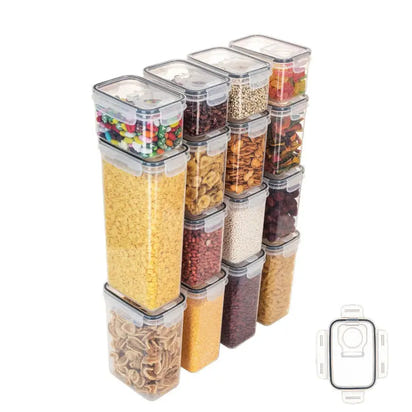 Stacked clear kitchen storage containers for organized pantry and food storage solutions