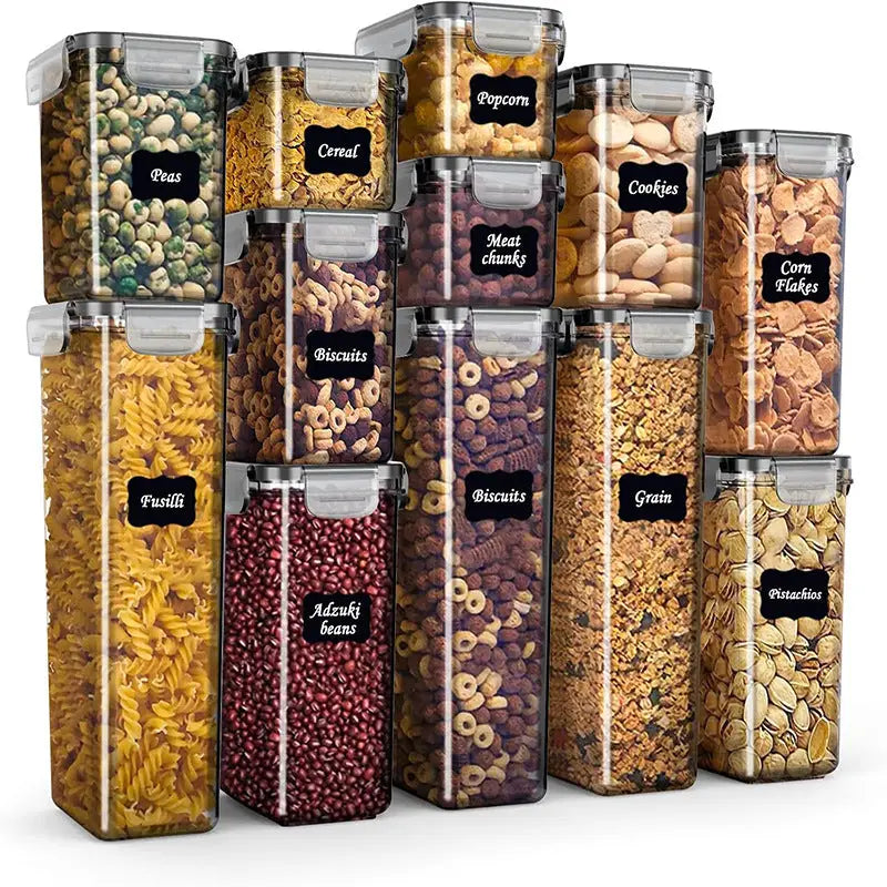 Airtight clear kitchen storage containers shown as versatile pantry organizers for efficient storage