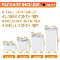 Set of clear kitchen storage containers with dimensions for pantry organization