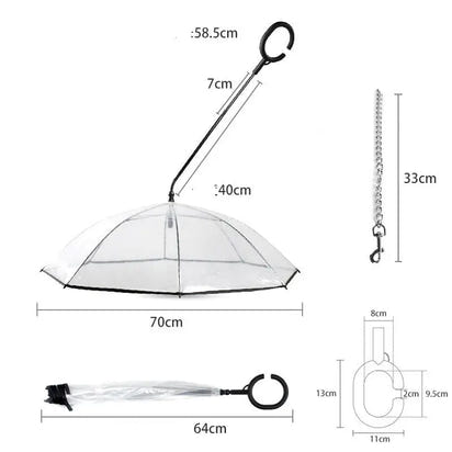 Transparent Pet Umbrella with clear inverted design and detailed dimensions for pets