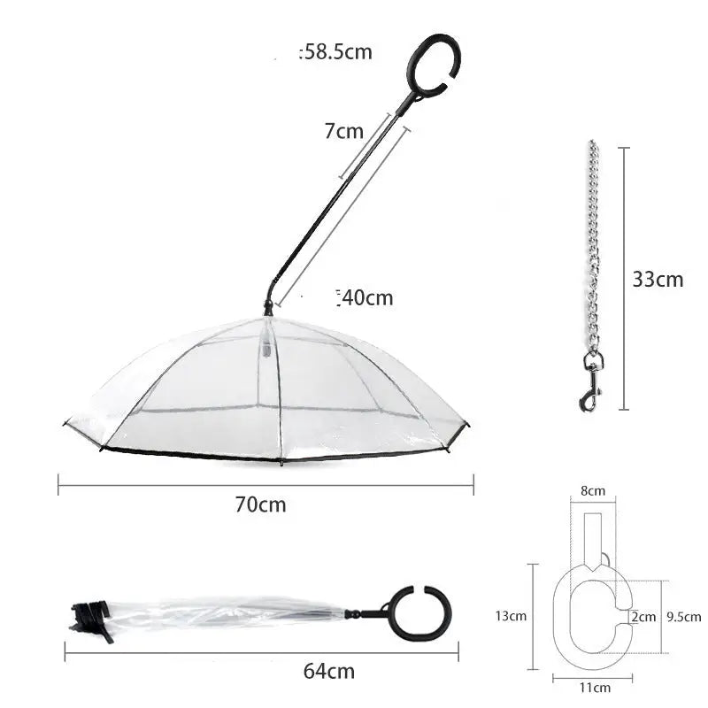 Transparent Pet Umbrella with clear inverted design and detailed dimensions for pets