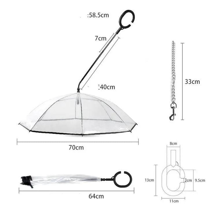 Transparent Pet Umbrella with clear inverted design and detailed dimensions for pets