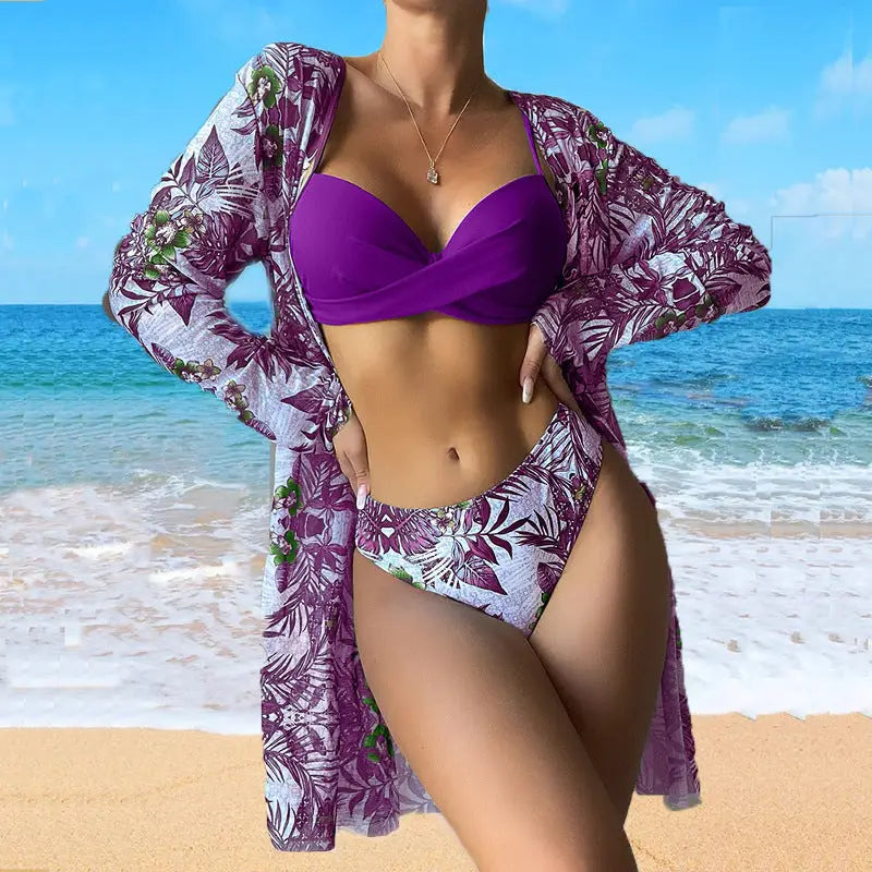 Purple bikini with floral cover-up.