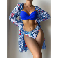 Blue bikini with floral cover-up.