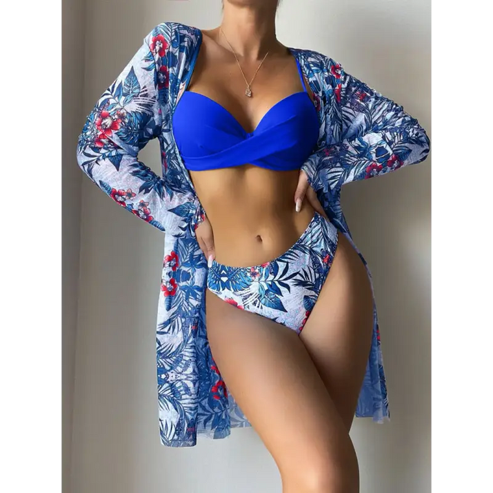 Blue bikini with floral cover-up.
