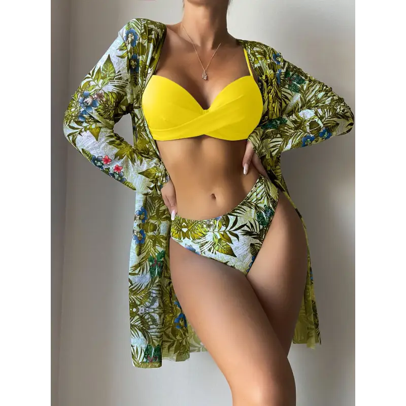 Woman’s yellow bikini with floral cover-up.