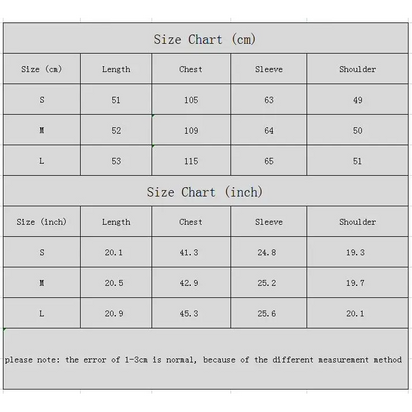 Clothing size chart.