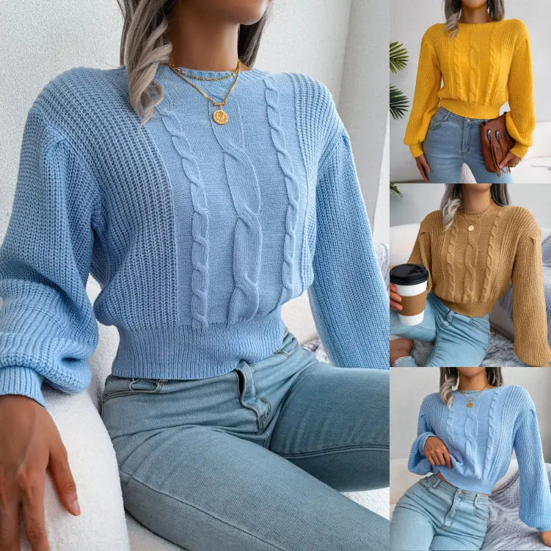 Cropped cable-knit sweater.