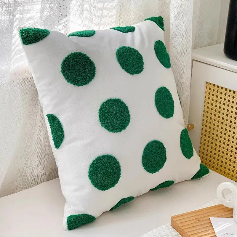 White pillow with green polka dots twisted strip sofa throw cushion for stylish decor