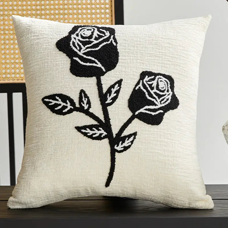 Embroidered rose pillow on Twisted Strip Sofa Throw Cushion for stylish home decor