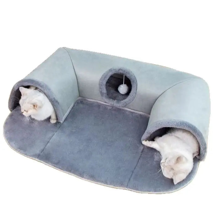 Gray cat tunnel bed with two cats in a cozy U-Shaped Cat Tunnel for play and rest