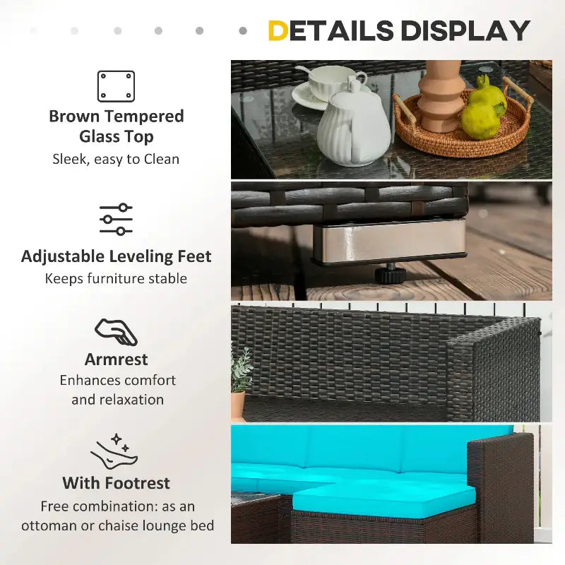 Outdoor patio furniture details featuring a three-seat sofa and coffee table setup