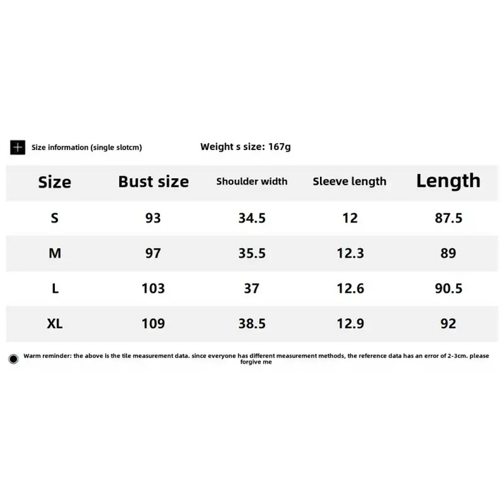 Clothing size chart.
