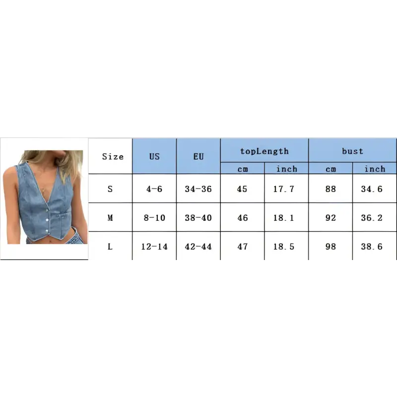 Denim vest size chart.