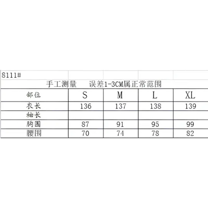 Clothing size chart.