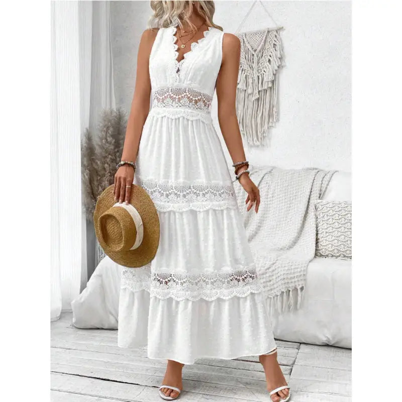 White lace-trimmed maxi dress.