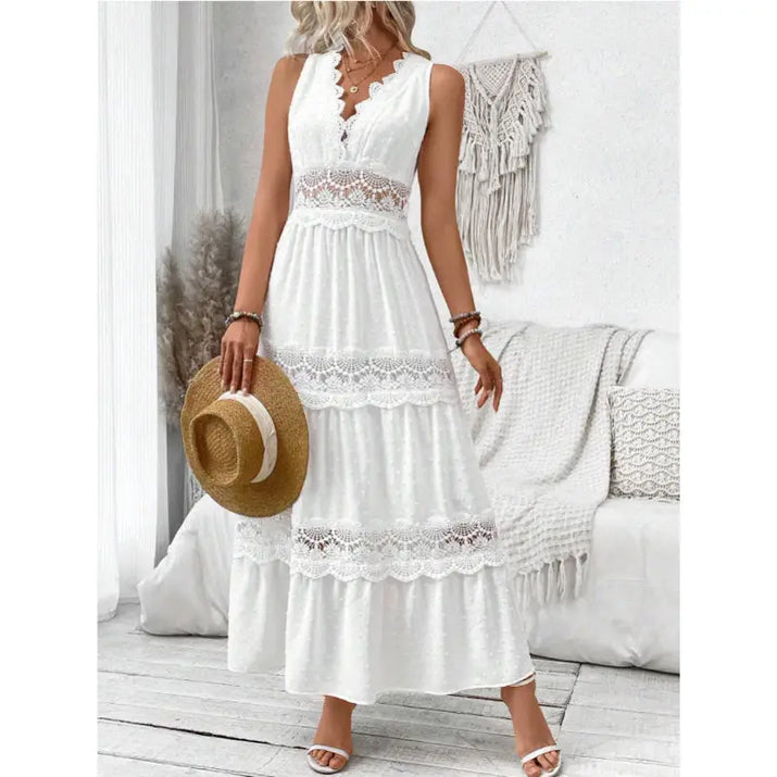 White lace-trimmed maxi dress.