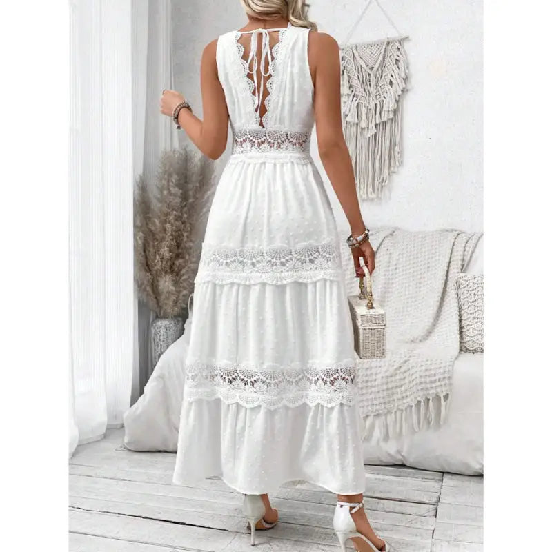 White tiered lace maxi dress.